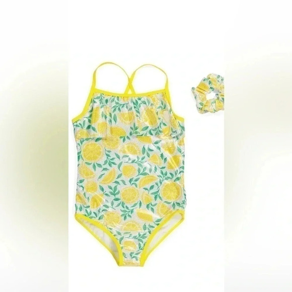 TOMMY BAHAMA Girls 1 pc Ruffle Lemon Swimsuit With Scrunchie Color Lemon Drop S6 - Picture 1 of 2